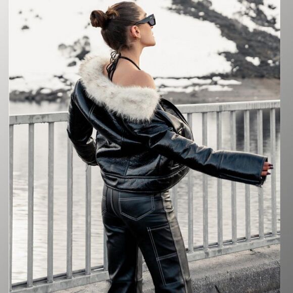 UNREAL FUR Vegan Leather Aviator Bomber Jacket Faux Fur Collar Full Zip Coat XL - Picture 5 of 15